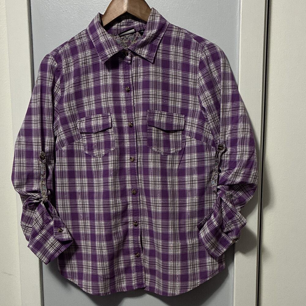 Allen B. by Allen Schwartz Women Purple White Plaid Button-Up Pockets M Preppy